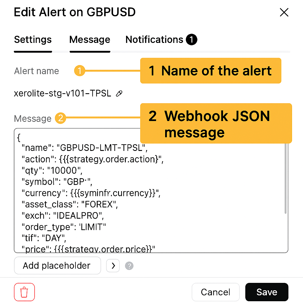 Message tab with alert JSON